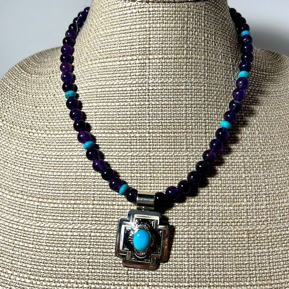 Beautiful Jay King Mine Finds Amethyst n Turquoise Necklace n Sterling Pendant. - Picture 1 of 6